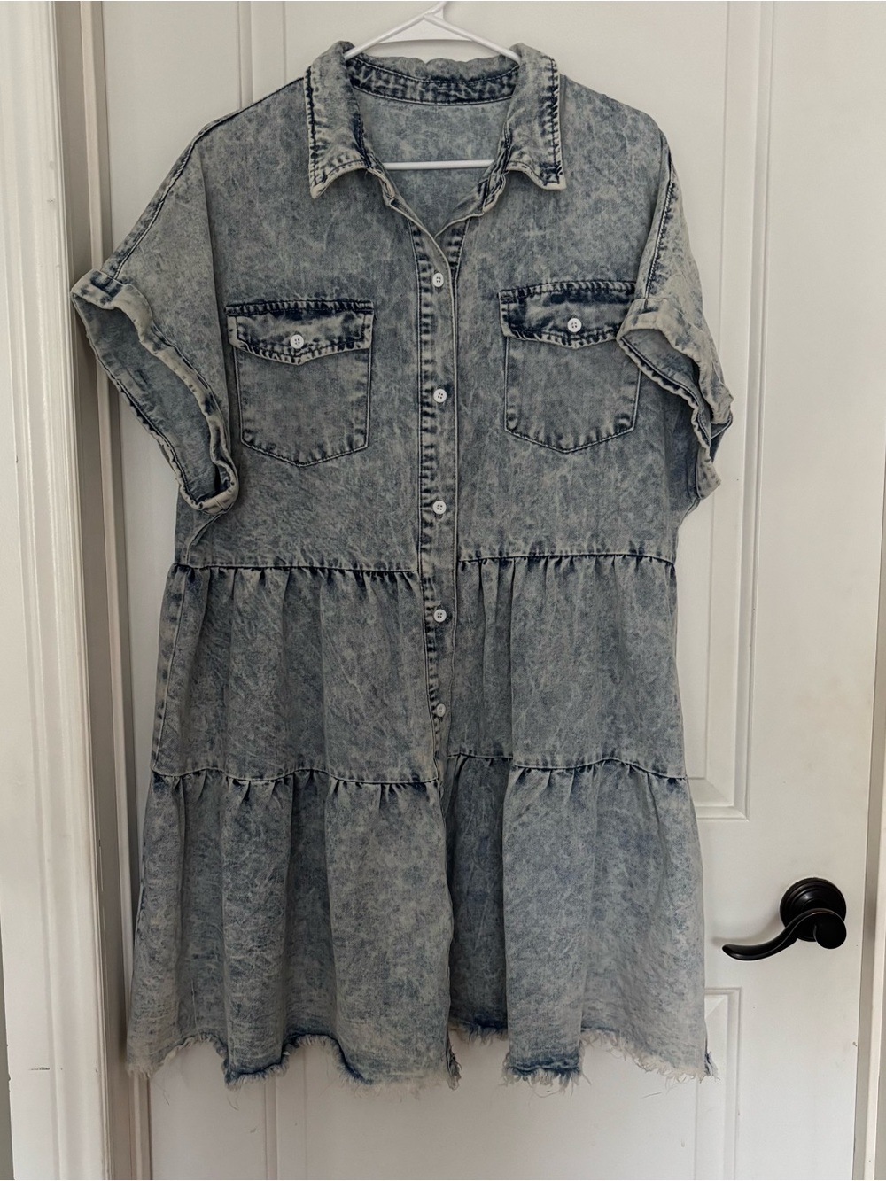 SHEIN curve acid wash denim dress 0X tiered skirt fringe button front boho